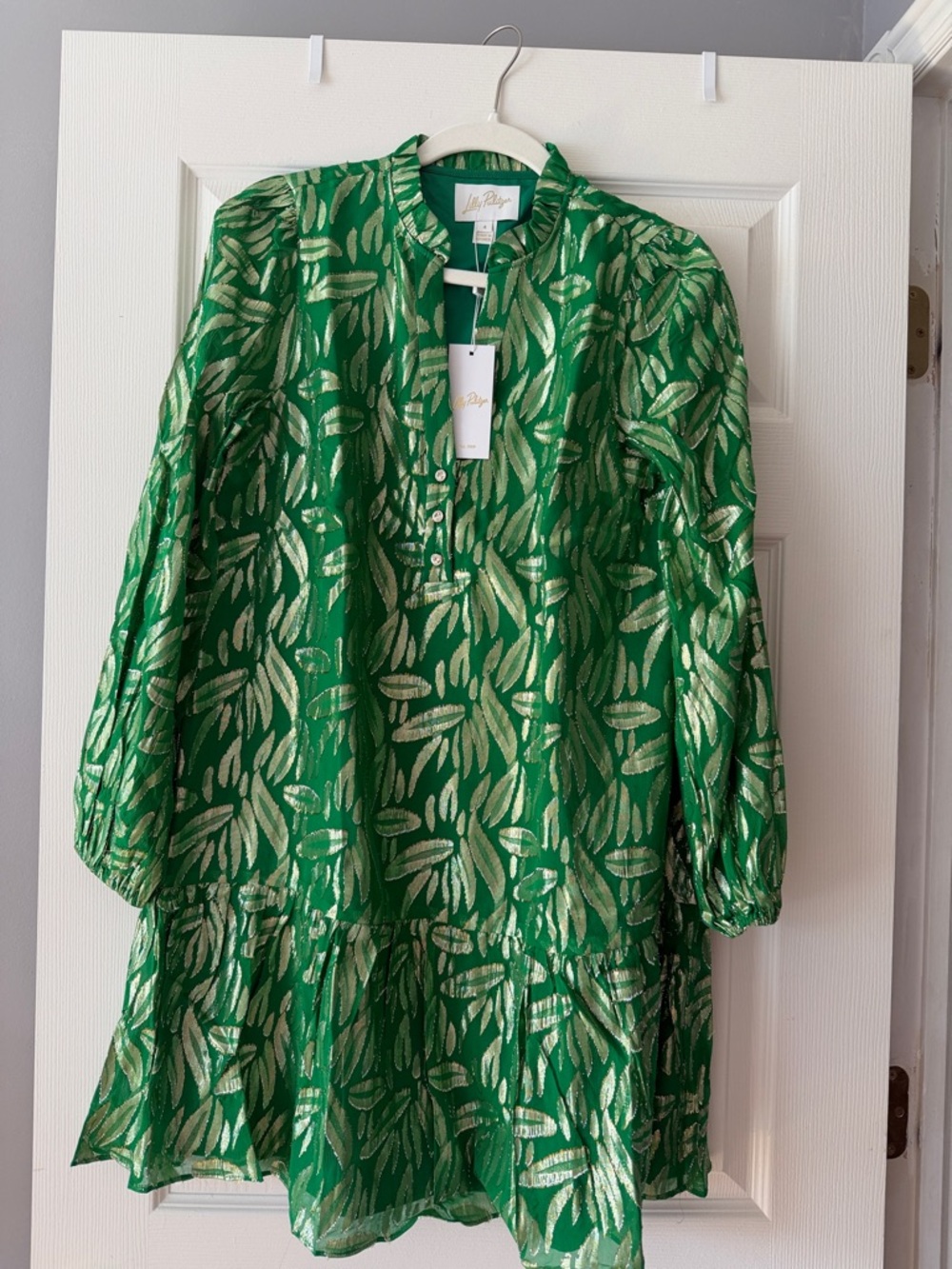 Lilly Pulitzer Emerald Green Dress with Metallic Gold Leaf Pattern